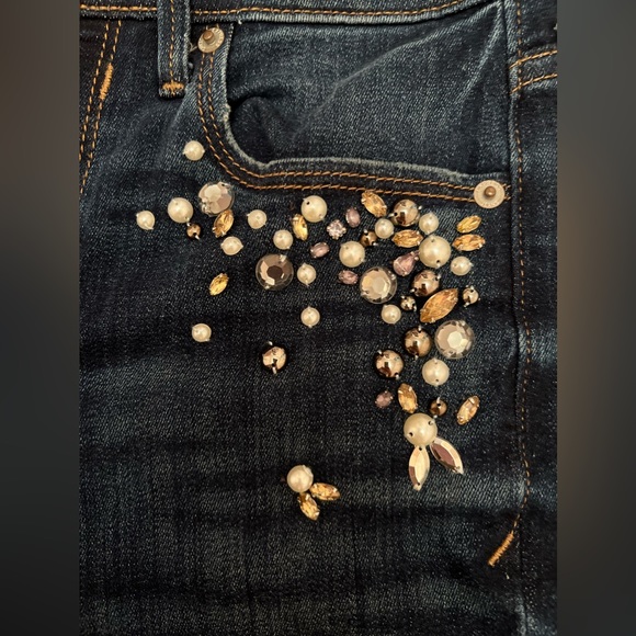 Express Embellished Mid Rise Dark Denim Skinny Jean - Picture 5 of 10